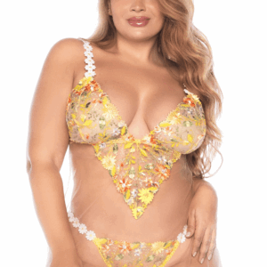 Plus size sheer embroidered yellow babydoll and thong - MAL7608XSUBS