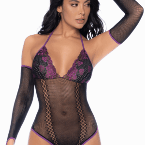 Black and Purple Bodysuit with Removable Mittens - MAL1121BKPU