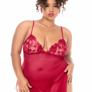 Plus size embroidered babydoll with thong - MAL7620XRED