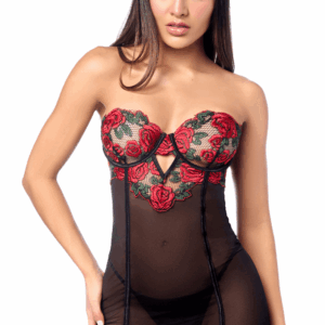 Sexy Underwired Babydoll Mapalé Rose Embroidery and Thong - MAL7619BKRD