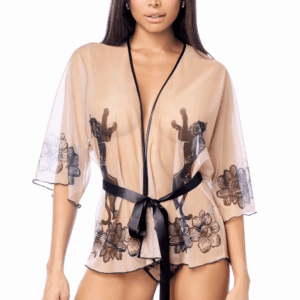 Sexy Sheer Printed Mesh Robe with Thong - MAL7615NUBK