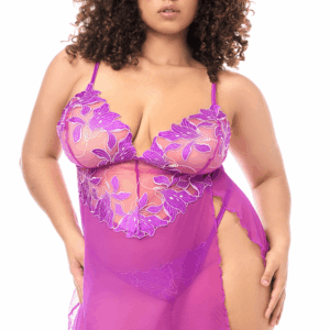 Plus size floral embroidered mesh babydoll and thong - MAL7614XAZAL