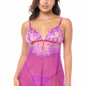 Sexy Floral Embroidered Mesh Babydoll and Thong - MAL7614AZAL