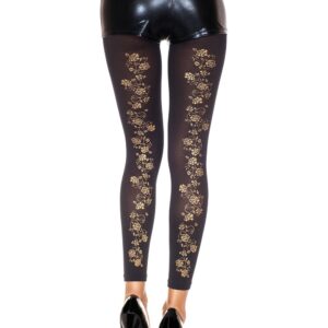 Thin black opaque leggings with golden flowers on the back - MH35821BLK