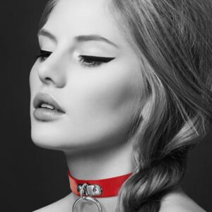 Red leather SM collar with silver metal ring for leash - CC6060010030