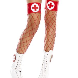 Red fishnet stockings with shiny garters and nurse cross - MH4884REW