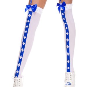 Sexy white stockings with blue nurse cross band and satin bows - MH4780WBL