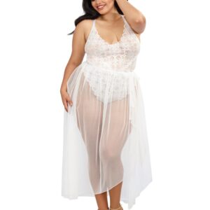 White large size bodysuit with lace high cut and removable sheer mesh skirt - DG10996XWHT