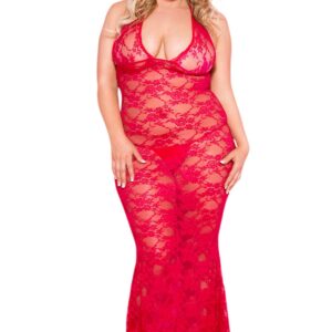 Plus size long red nightgown with floral lace neckline - ML53012XRED