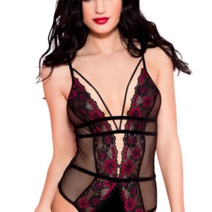 Sexy black mesh bodysuit with floral lace trims and embellishments - ML80022BHP