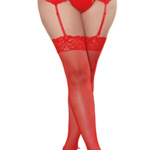 Plus size red fishnet stockings with floral garters - DG0006XRED