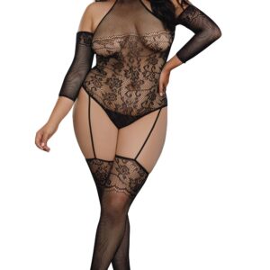 Plus size fishnet bodystocking with garter effect - DG0310XBLK