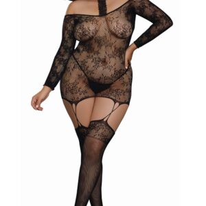Plus size reversible fishnet bodystocking with halter neck - DG0318XBLK