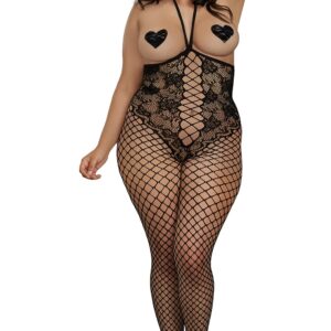 Plus size lace bodysuit style combination with wide fishnet legs - DG0268XBLK