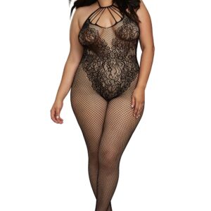 Plus Size Fishnet Bodystocking in a Body Style with Gorgeous Strap Neckline - DG0326XBLK
