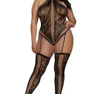 Plus Size Bodysuit in a lace thong style with crisscross details - DG0329XBLK