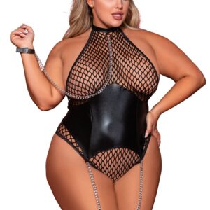 Plus size large fishnet bodysuit and faux leather garter belt with chains - DG12495XBLK