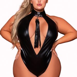 Plus size faux leather bodysuit, stretchy with studded collar and whip - DG12450XBLK