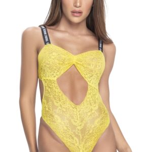 Yellow floral lace bodysuit with wide elastic straps - MAL8693YLW