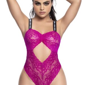 Pink floral lace bodysuit with wide elastic straps - MAL8693HPK