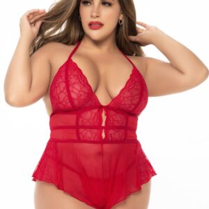 Red plus size babydoll effect bodysuit and matching thong - MAL7445XRED