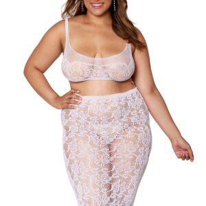 Plus size 2-piece set, fancy mesh bralette and matching long skirt - DG12921XWHT