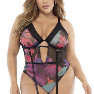 Black bodysuit, plus size, exotic floral print - MAL8774XPRT