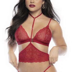 Three-piece lingerie set in red lace with heart print - MAL8813RED