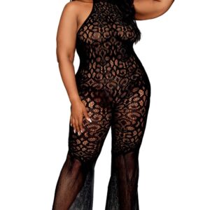 seamless crochet lace bodystocking, plus size, black fishnet - DG0468XBLK