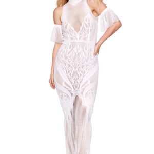 White lace and mesh bodystocking dress - DG0490WHT