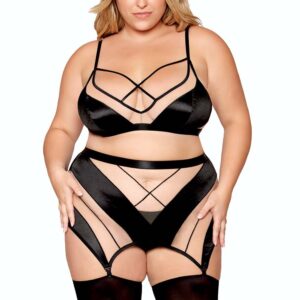 Plus size set with Bra, garter belt skirt, thong - DG13377XBLK