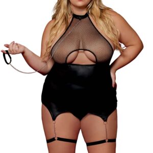 Black BDSM bodysuit, plus size, mesh with corset / garter belt, faux leather, integrated - DG13295XBLK