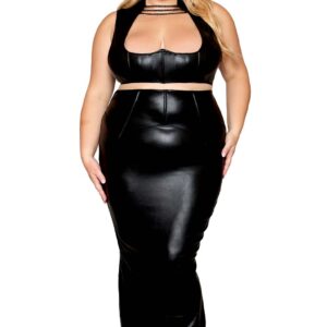 Set Bra and Long Skirt, Plus Size, Black Faux Leather - DG13198XBLK
