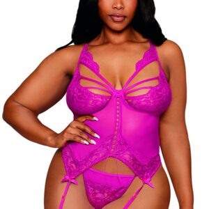 Plus size pink garter belt bustier with thong - DG13283XBEE