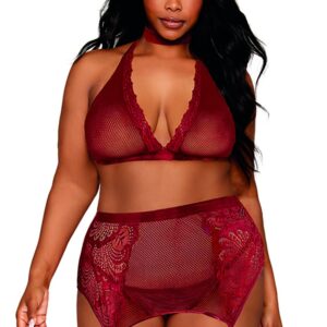 4-piece plus size set red bra, choker, thong, and garter belt - DG11776XGAR