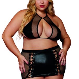 Plus size mesh and faux leather bra and garter skirt set - DG13290XBLK