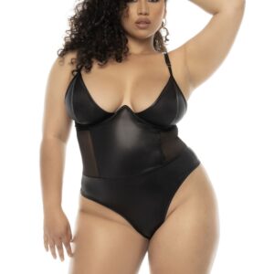 Plus size black wetlook Bibi bodysuit with underwire, adjustable straps - MAL2752XWBLK