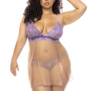 Plus size lavender and nude Verona nightgown, in lace and transparent mesh - MAL7540XLLCN