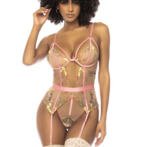 Sydney floral embroidered lace bodysuit with adjustable and detachable garter belts - MAL8821PKGD