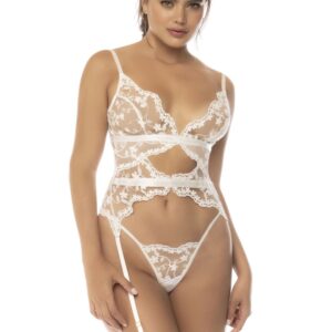 Maxine two-piece set featuring a bustier-style top with adjustable garter straps and matching thong - MAL8834STWT