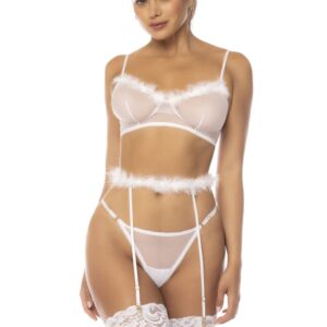 3-piece white set Emmie, bra, garter belt with faux fur and matching thong - MAL8841WHT