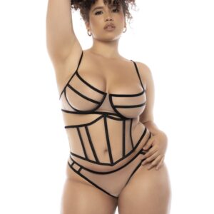 3-piece set in black and nude plus size, underwired bra, waist cincher, and thong - MAL8848XNUBK