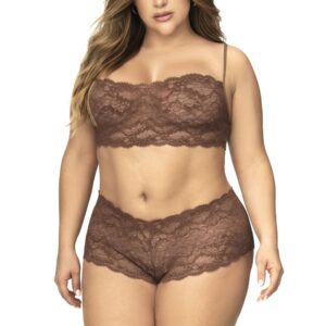 Plus size 2-piece lace set, spaghetti strap top and cocoa-colored shorty - MAL206XCOCO