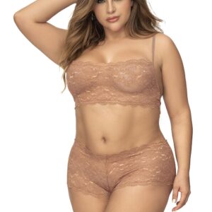 Plus size 2-piece lace set, spaghetti strap top and taupe-colored shorts - MAL206XTAUP