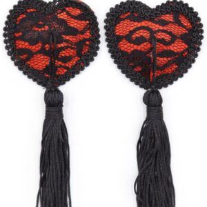 Pair of heart-shaped adhesive nipple covers with black lace and tassel - NP-0077