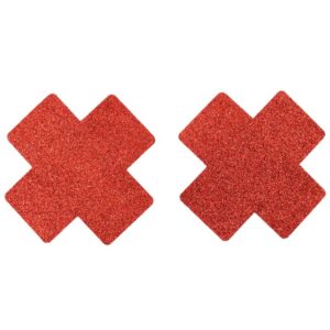 Pair of red glitter cross adhesive nipple covers - NP-1048RED