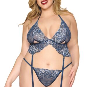 Plus size garter belt support and blue floral lace thong - DG13522XBLU