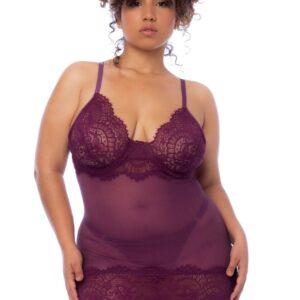 Plus size burgundy lace nightgown and matching thong - MAL7554XWINE