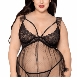 Plus size black babydoll and matching thong - DG13694XBLK