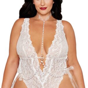 Plus size 2-piece set, white lace bodysuit and body jewelry chains with white pearls - DG13697XWHT
